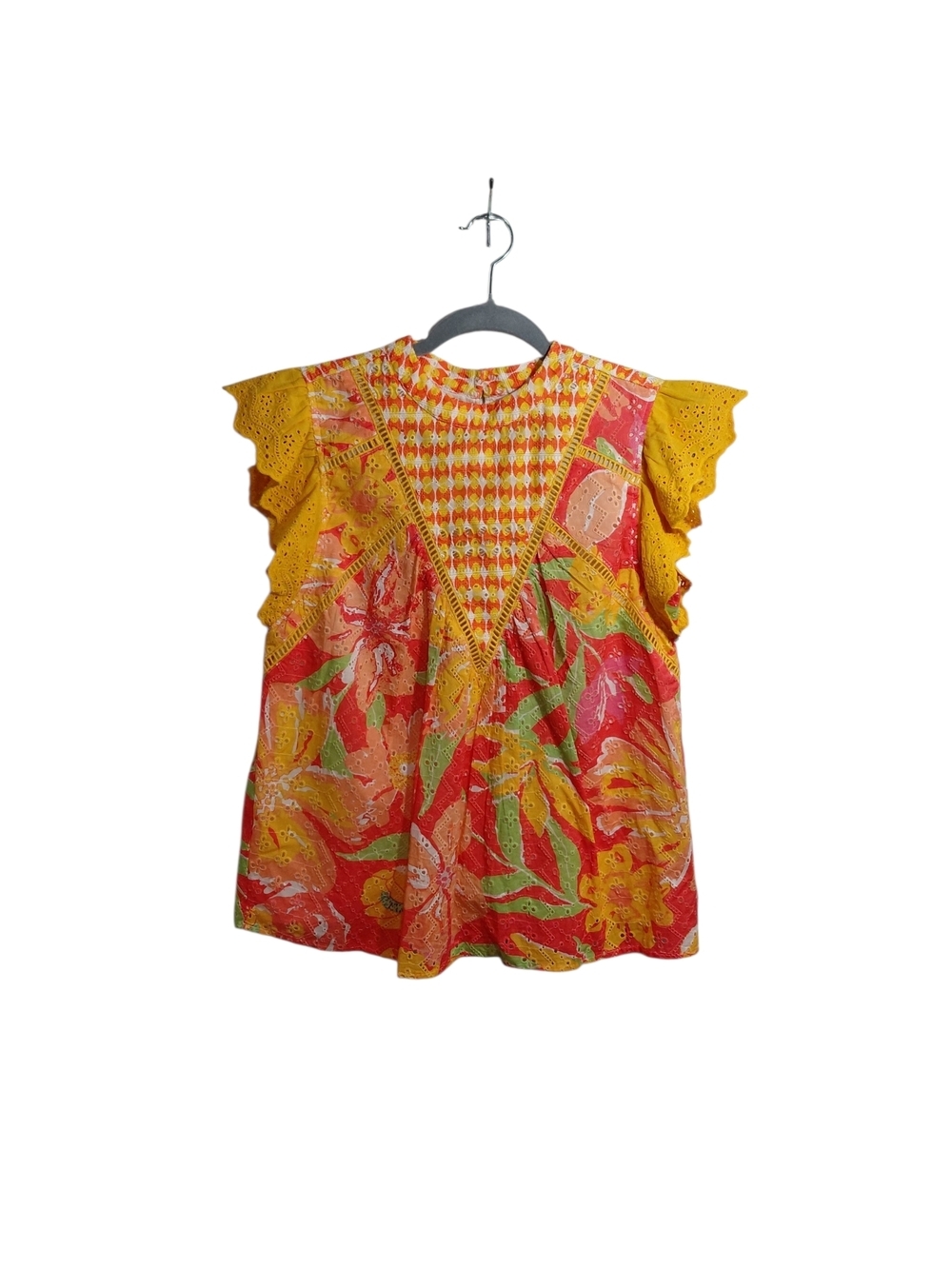 Bright Floral Mixed-Print Yellow & Coral Flutter-Sleeve Tunic